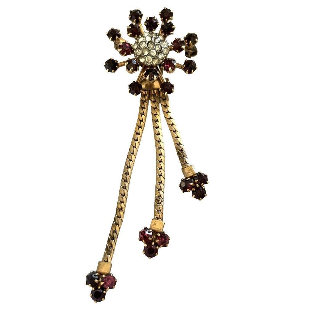 Charles Reis Co. 12kt GF Starburst Red Rhinestone Cascade Brooch Pin MCM Vtg